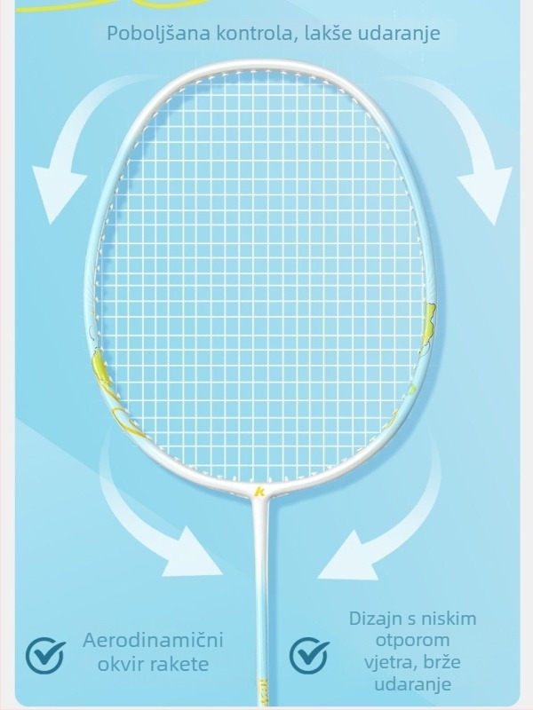 Raketa za badminton od karbonskih vlakana, direktan udarac, 95–100 g, srednja tvrdoća, prilagodljiva