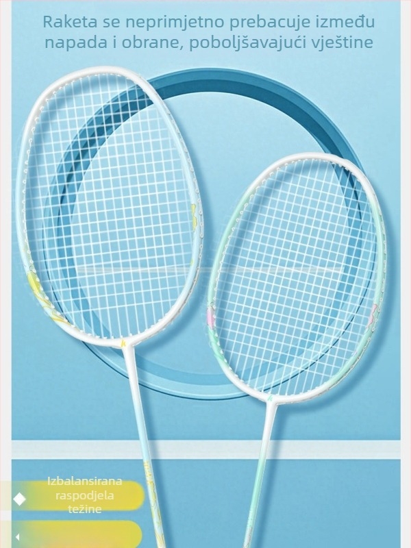 Raketa za badminton od karbonskih vlakana, direktan udarac, 95–100 g, srednja tvrdoća, prilagodljiva