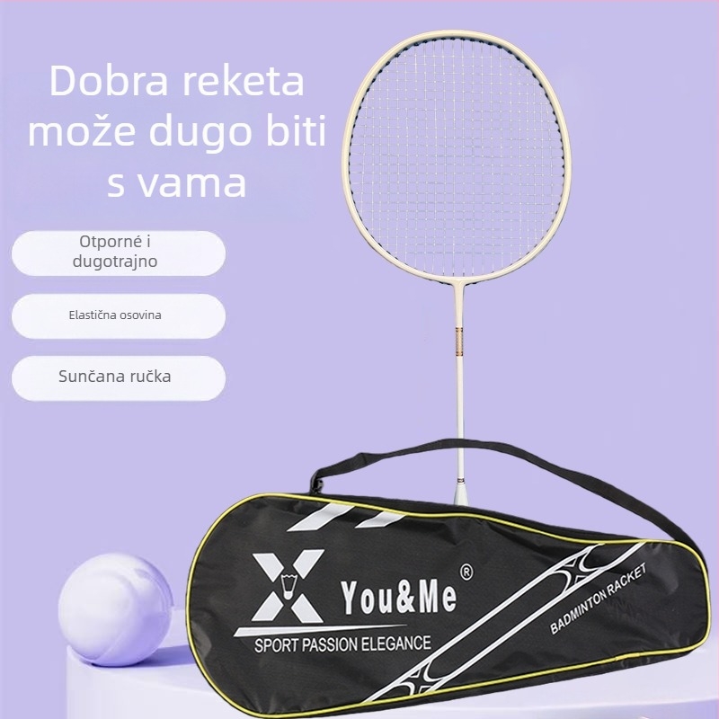 YOU&ME badminton raketa | Okvir materijal: karbonsko-aluminijska legura; Materijal žica: vlakno; Težina: 95–100 g; Čvrstoća: umjereno; Pogodno za amatere, srednje i napredne igrače