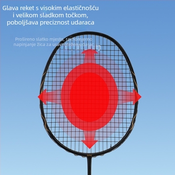 Spake badminton reketa, okvir od karbonskih vlakana, težina 75–79 g, debljina drške G5, srednja tvrdoća šipke