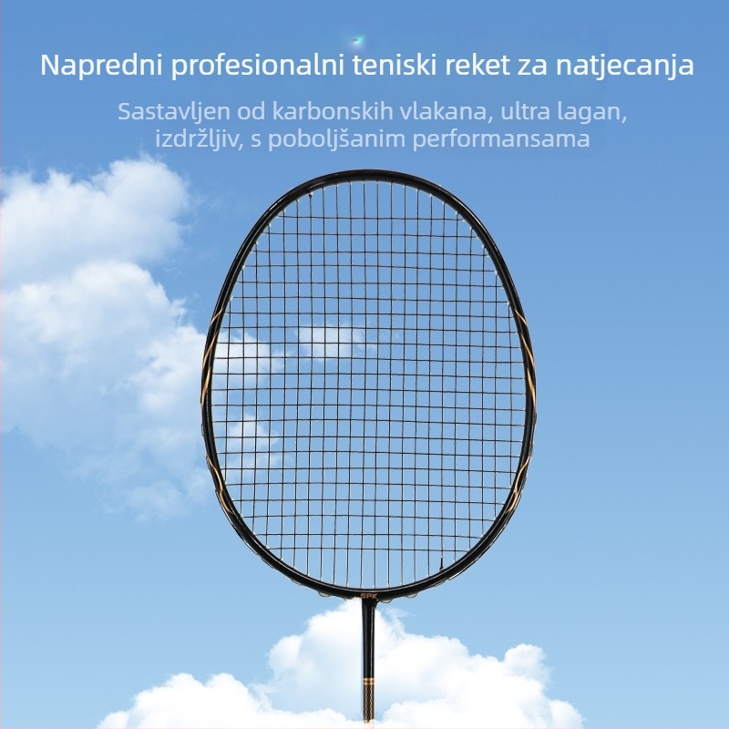 Spake badminton reketa, okvir od karbonskih vlakana, težina 75–79 g, debljina drške G5, srednja tvrdoća šipke