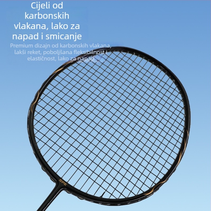 Spake badminton reketa, okvir od karbonskih vlakana, težina 75–79 g, debljina drške G5, srednja tvrdoća šipke