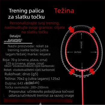KEYACE badminton reketa — okvir od karbonskih vlakana, težina 75–79 g, izravni udarac, poliesterne žice, mogućnost prilagodbe