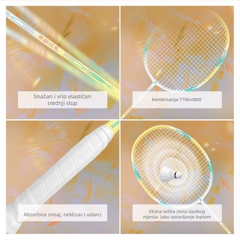 Gale karbonska badminton raketa – Midshaft dizajn, težina 80–84 g, karbonski okvir, srednja čvrstoća osovine, držač G5, antib slips i apsorpcija udaraca, za trening i natjecanje