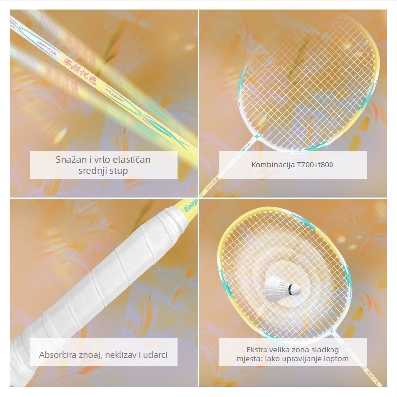 Gale karbonska badminton raketa – Midshaft dizajn, težina 80–84 g, karbonski okvir, srednja čvrstoća osovine, držač G5, antib slips i apsorpcija udaraca, za trening i natjecanje