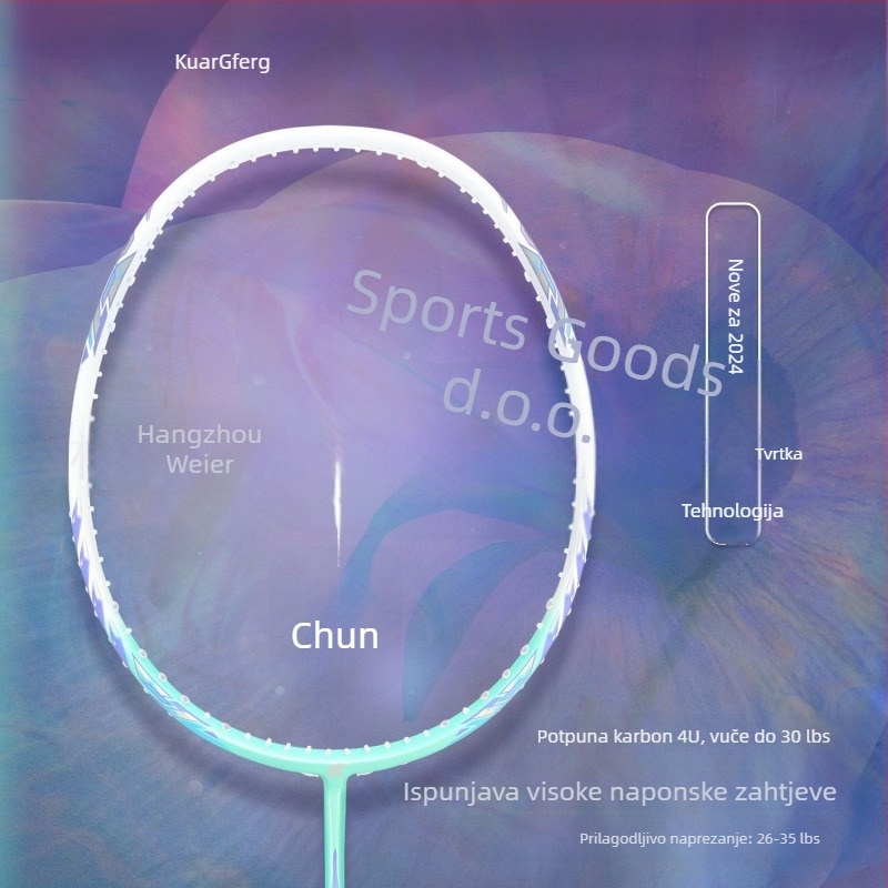 Raketa za badminton, potpuno karbonsko kućište, najlonske žice, ultra lagana, 4U (80–84 g), profesionalne kvalitete
