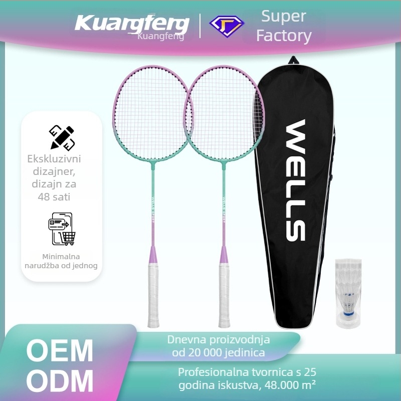 Set badminton reketa (2 kom) – izdržljiv, upija znoj, protuklizna ručka, natjecateljske razine, uključuje loptu i futrolu za rekete; Marka KuangFeng, okvir od željeznog legura, najlon niti