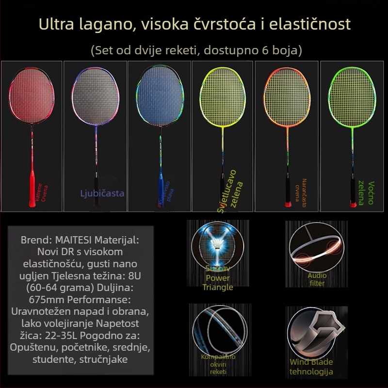 Meters karbonska badminton raketa, ultralaka, težina 75–79 g, drška G5, ravni vrat