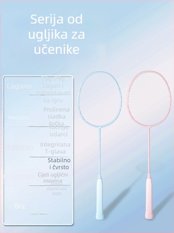 Raketa za badminton – okvir od karbonskih vlakana, težina 75–79 g, ravni vrat, debljina drške G-4, umjerena tvrdoća, mogućnost ispisa logotipa