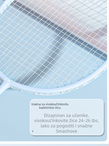 Raketa za badminton – okvir od karbonskih vlakana, težina 75–79 g, ravni vrat, debljina drške G-4, umjerena tvrdoća, mogućnost ispisa logotipa