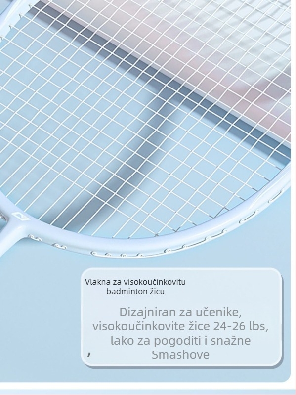 Raketa za badminton – okvir od karbonskih vlakana, težina 75–79 g, ravni vrat, debljina drške G-4, umjerena tvrdoća, mogućnost ispisa logotipa