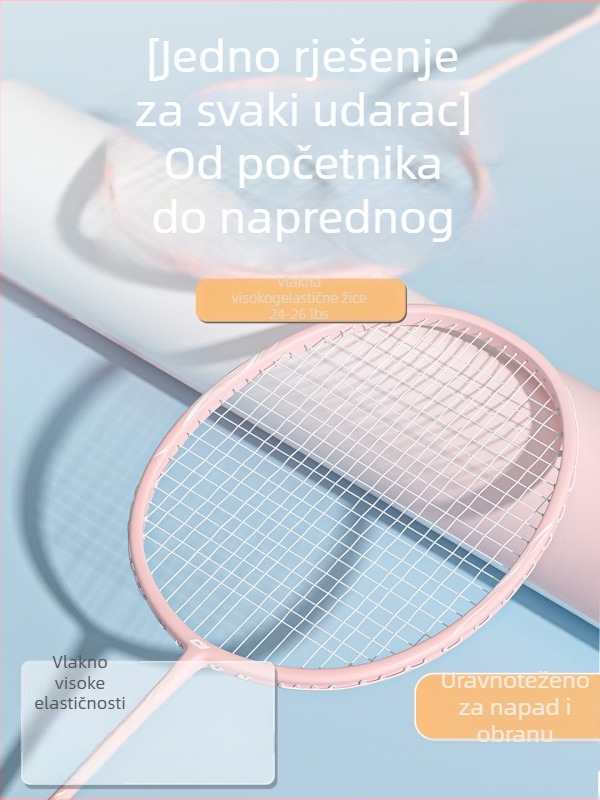 Raketa za badminton – okvir od karbonskih vlakana, težina 75–79 g, ravni vrat, debljina drške G-4, umjerena tvrdoća, mogućnost ispisa logotipa