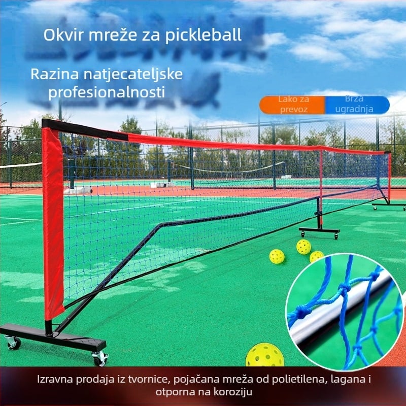 Pickleball mrežni okvir – prenosni, sklopivi net set za kućnu i vanjsku upotrebu; materijali: čelična cijev, polietilen, platno