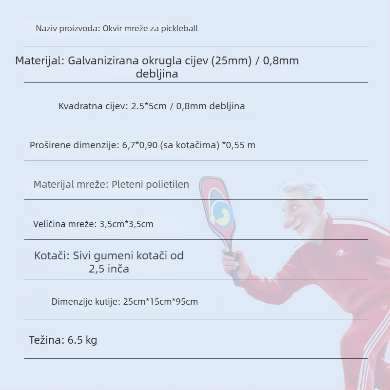 Pickleball mrežni okvir – prenosni, sklopivi net set za kućnu i vanjsku upotrebu; materijali: čelična cijev, polietilen, platno