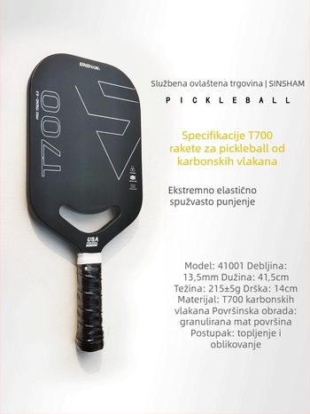 Raketa za pickleball SINSHAM T700 od karbonskih vlakana, mat finiš, toplinski presovan s izrezanim dizajnom, 215 g, prilagodljiva