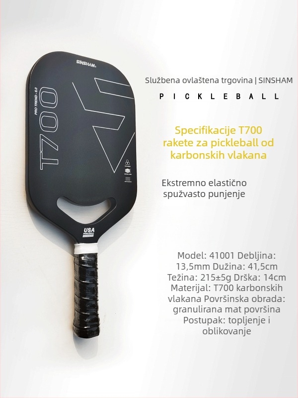 Raketa za pickleball SINSHAM T700 od karbonskih vlakana, mat finiš, toplinski presovan s izrezanim dizajnom, 215 g, prilagodljiva