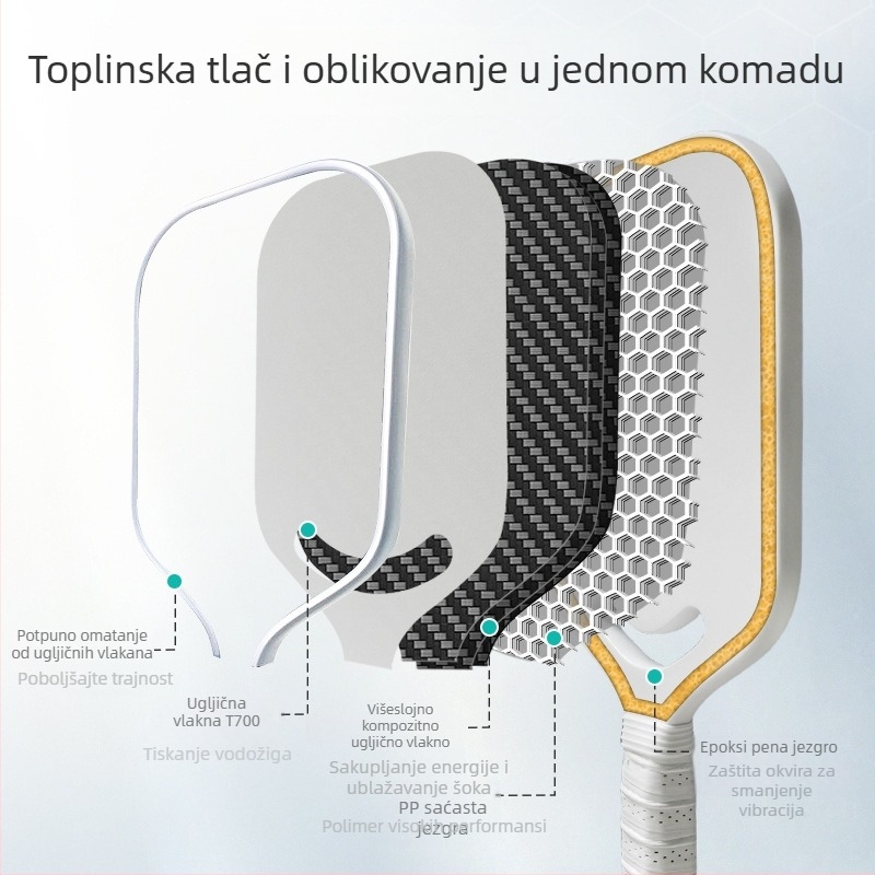 Pranastar pickleball raketa – karbonska vlakna, jednokratna bezokvirna konstrukcija, dimenzije 420×185×14 mm, težina 95–100 g, drška G1, moguć ispis logotipa