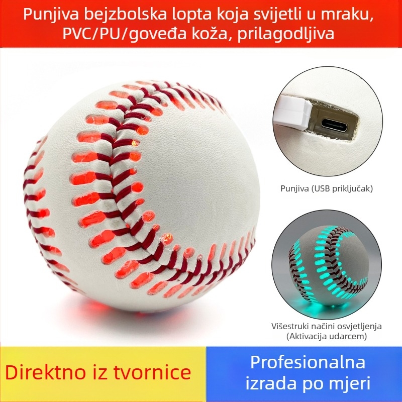 Prilagođeni kožni bejzbol s mogućnošću punjenja, noćno svjetleći, promjer 7,2 cm