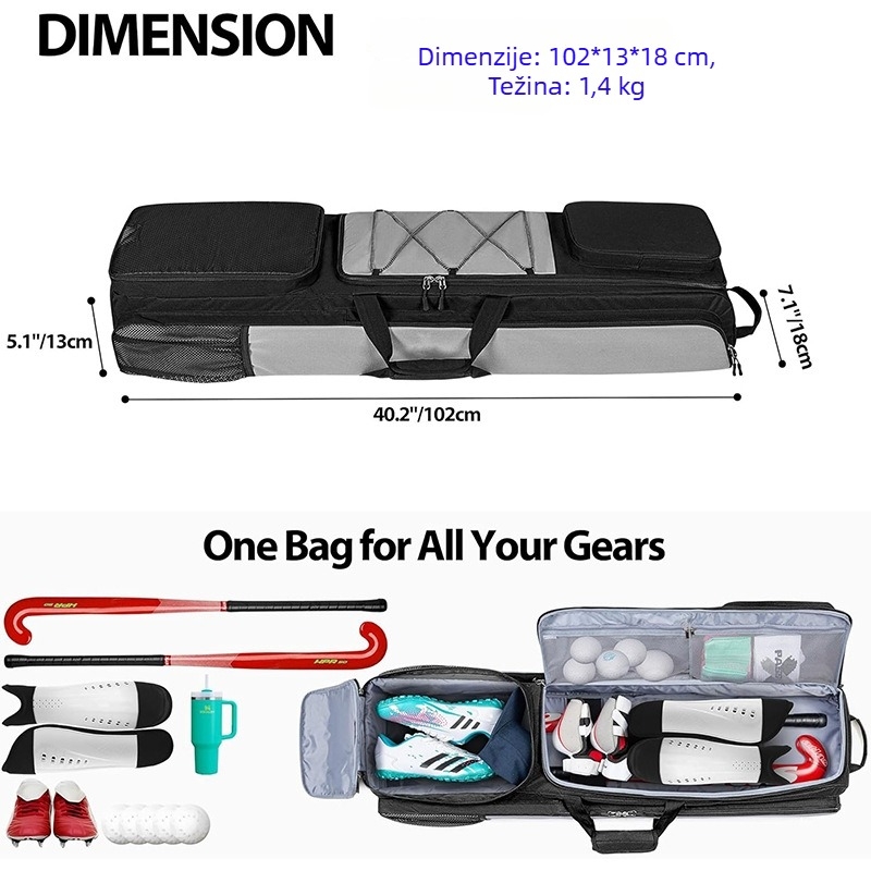 Hokejaška za opremu, otporna na habanje, višestruka upotreba, velika zapremina za vanjske natjecateljske uvjete; materijal: Oxford tkanina; nosivi sustav: jastučić zraka; podstava: poliester; sezona: ljeto 2025; unisex