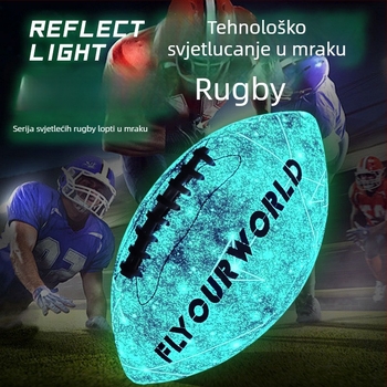 Rugby lopta: svjetleća, fluorescentna i reflektirajuća; PU materijal, šivanje strojem, prilagodljiva s logotipom
