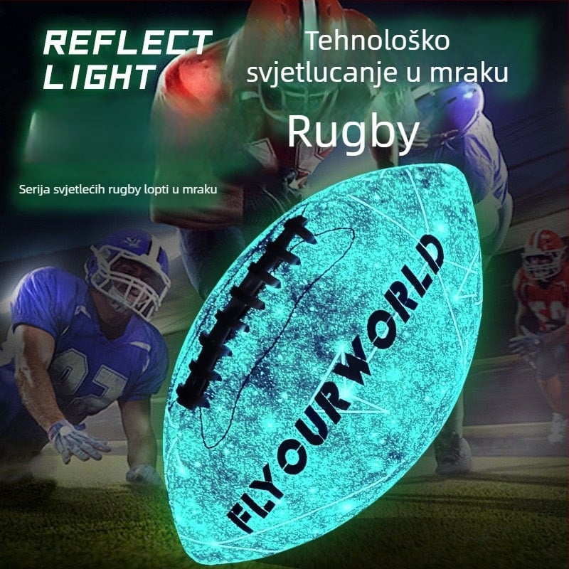 Rugby lopta: svjetleća, fluorescentna i reflektirajuća; PU materijal, šivanje strojem, prilagodljiva s logotipom