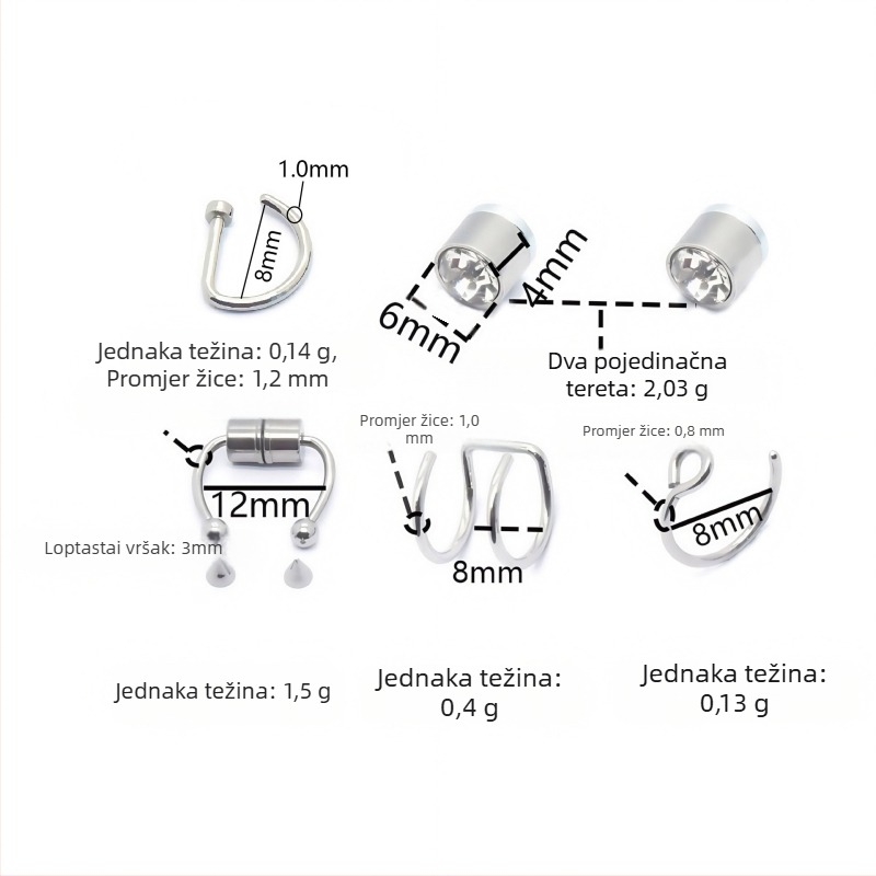 Magnetni nosni klips od nehrđajućeg čelika, D-oblik nosni pin, perforirani nosni prsten, magnetski ušni klips – 18-djelni DIY set nakita, unisex