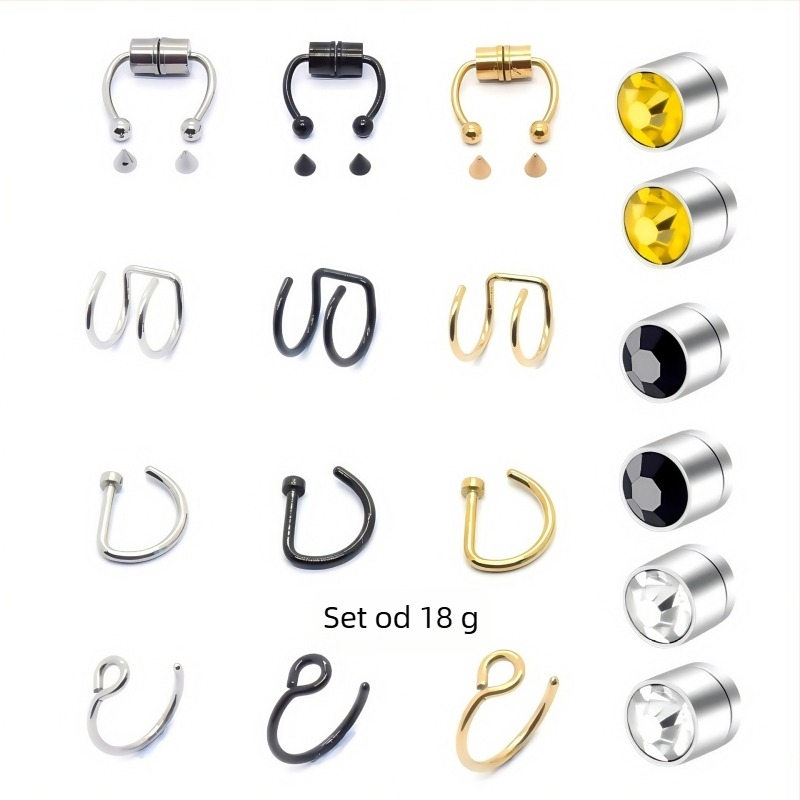 Magnetni nosni klips od nehrđajućeg čelika, D-oblik nosni pin, perforirani nosni prsten, magnetski ušni klips – 18-djelni DIY set nakita, unisex