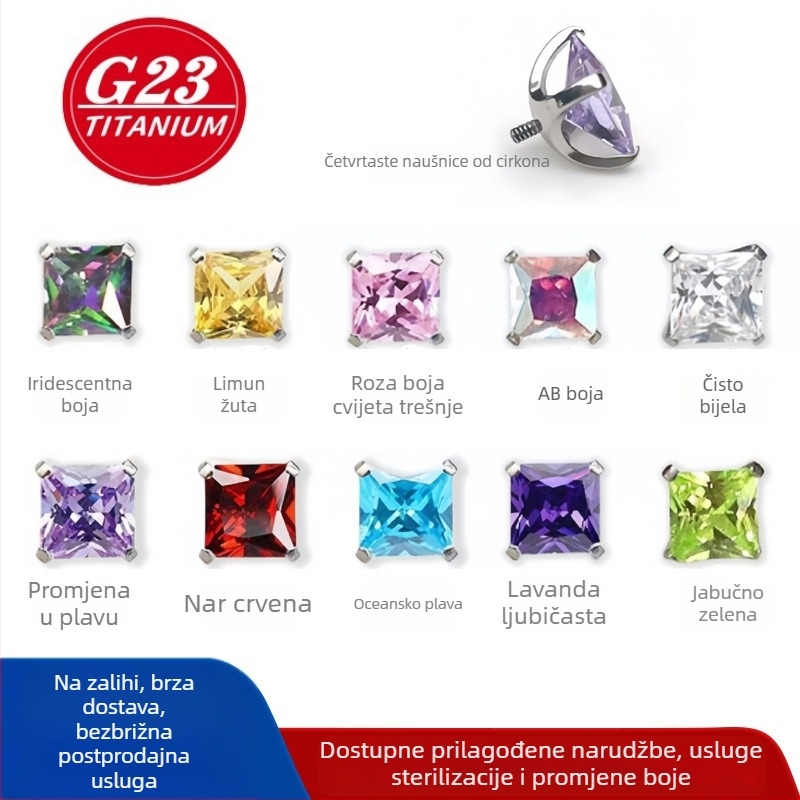 G23 titanijeva legura, obojeni cirkon četvrtasti piercing nakit za uho i usne, četvrtasti oblik, 5A cirkon, Dopamin stil
