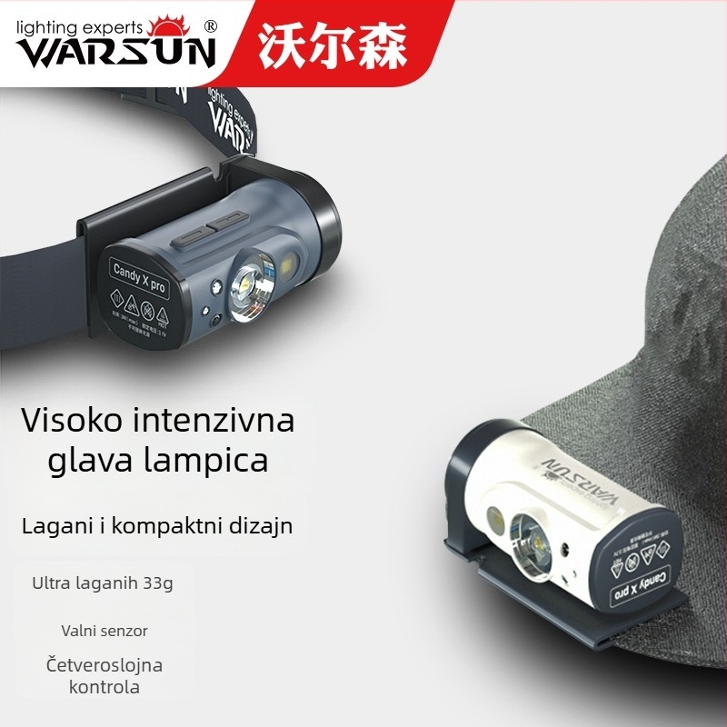 Wolfson CandyX čelna svjetiljka s klipom za kapu, LED 5W, 800mAh, ručni pogon, domet 100–200 m