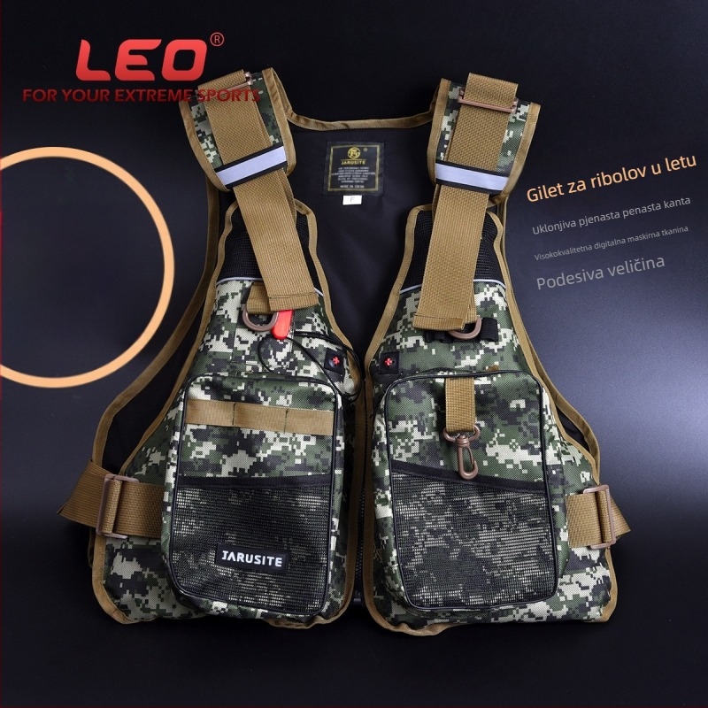 LEO Digitalni ribolovni prsluk s digitalnim kamuflažnim uzorkom, 6 džepova, Oxford tkanina, punjenje od perlaste pamuka