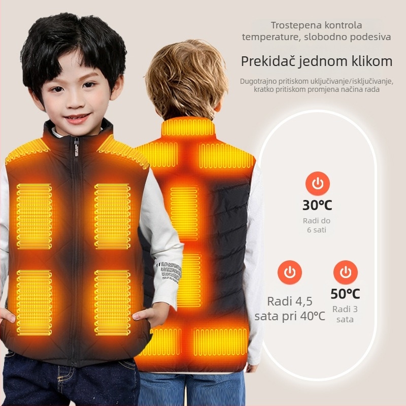 Dječja električno grijana vest – unisex, USB punjenje, zimska odjeća, 85% pamuk, poliester podstava, debela tkanina, za djecu iznad 8 godina (oko 140 cm)