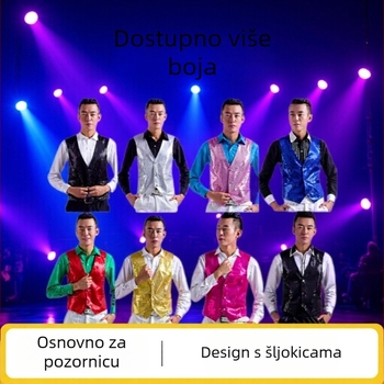 Muški prsluk sa šljokicama za scenske nastupe — V izrez, ravni kroj, flis podstava, glavni materijal: krava koža (50%), podstava od acetata