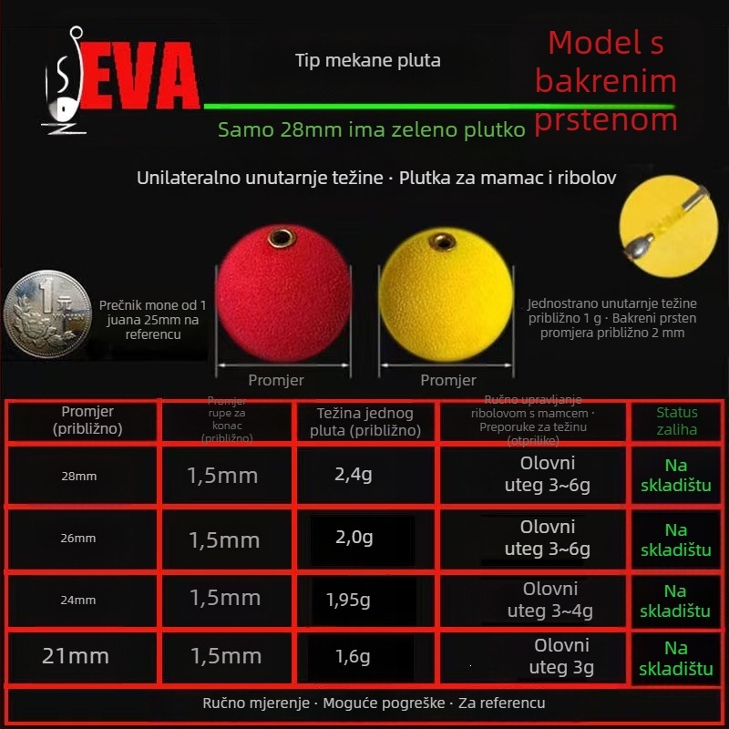 Klizajući ribolovni komplet s mekanim sfernim plovkom i uravnoteženjem, plastična konstrukcija, bez privatne marke