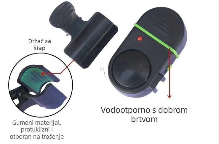 Vodootporan zvukovno‑vizualni alarm za ribolov za morski, obalni i bacajući štap