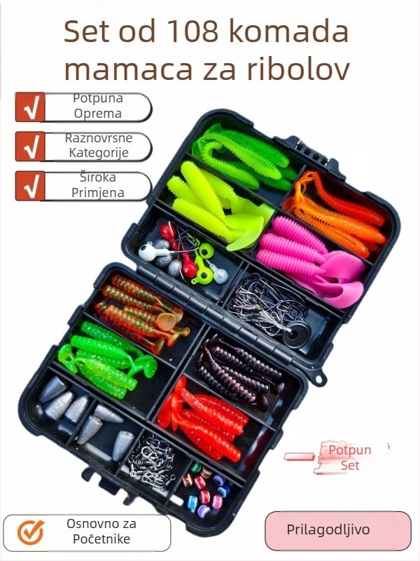 Set opreme za pecanje 108 dijelova: mekane mamce, za početnike, s crank kukama i Texas rig komponentama