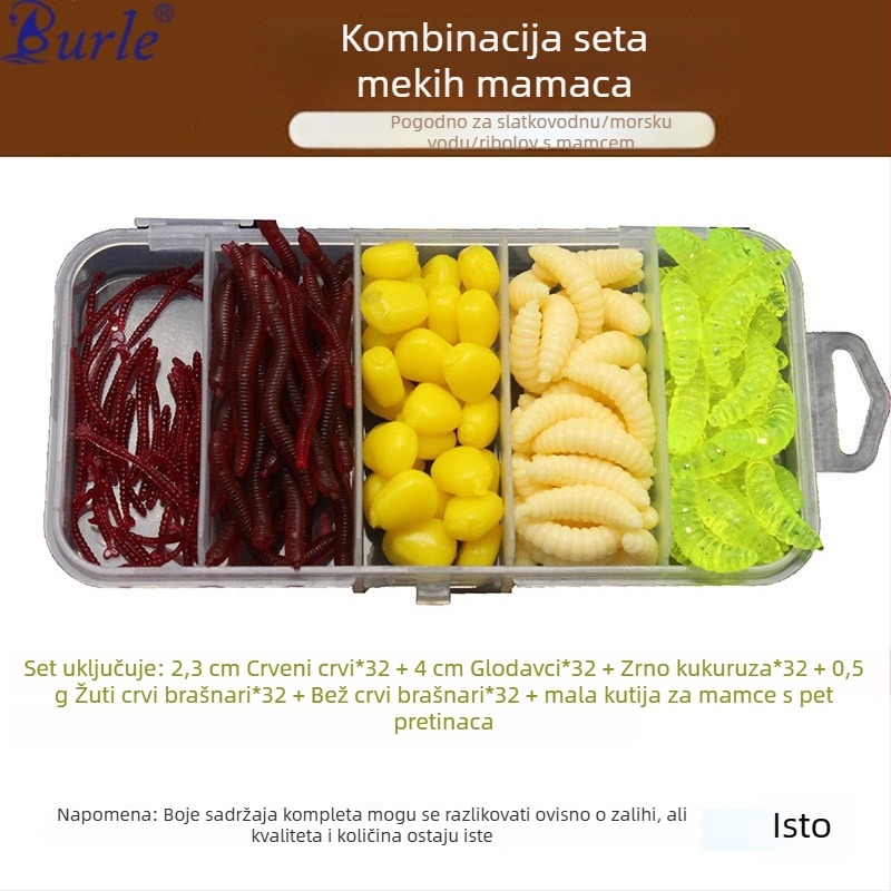 161-dijelni set mekih mamaca za ribolov: krušne crvi, zemni crvi, zrna kukuruza i crveni crvi