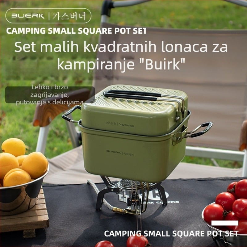 BUERK BG-D01 Set kuhinjskog posuđa za kampiranje od nehrđajućeg čelika – sklopivi četvrtasti lonac i tava, 0.43 kg, za 2 osobe, model BG-D01