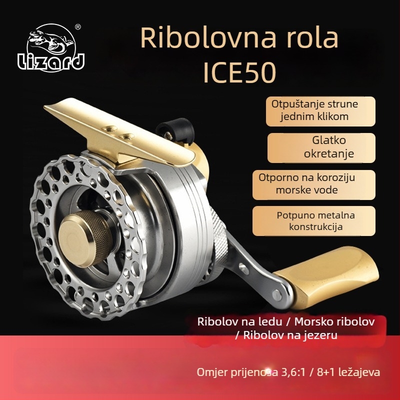 Ledeni navijak za raft za ribolov ICE50 – potpuno metalni, nehrđajući čelik, otporan na morsku vodu
