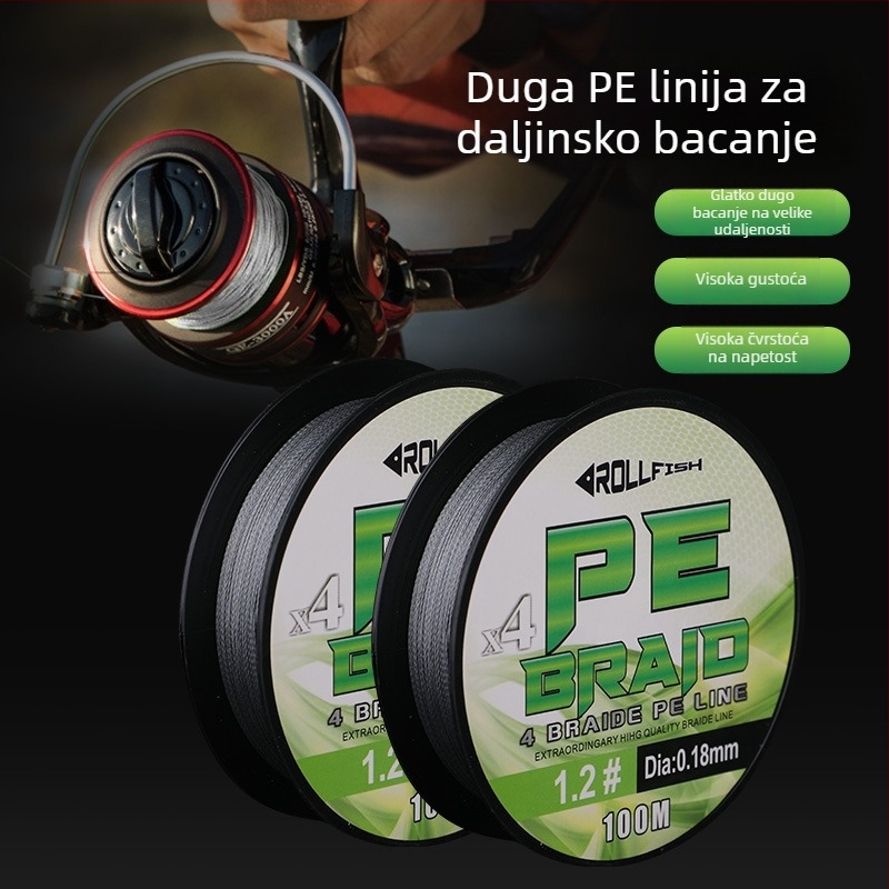 ROLLFISH Glavna linija PE, četverostruko pletena, 100 m, dugi domet bacanja