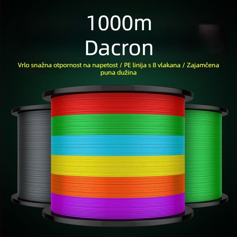 PE glavna ribolovna linija, pletena od 4 i 8 vlakana, duljina 1000 m, visoke napetosti, otporna na ugriz i abraziju