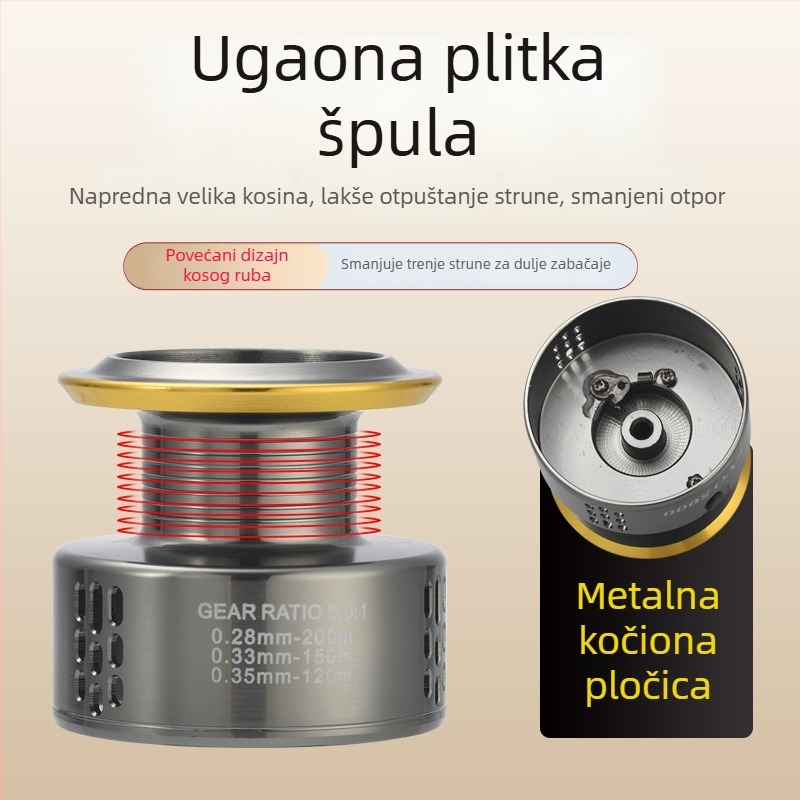 Komelon metalni ribolovni navijač s CNC ručkom i metalnom špulom, spinning navijač na navoj