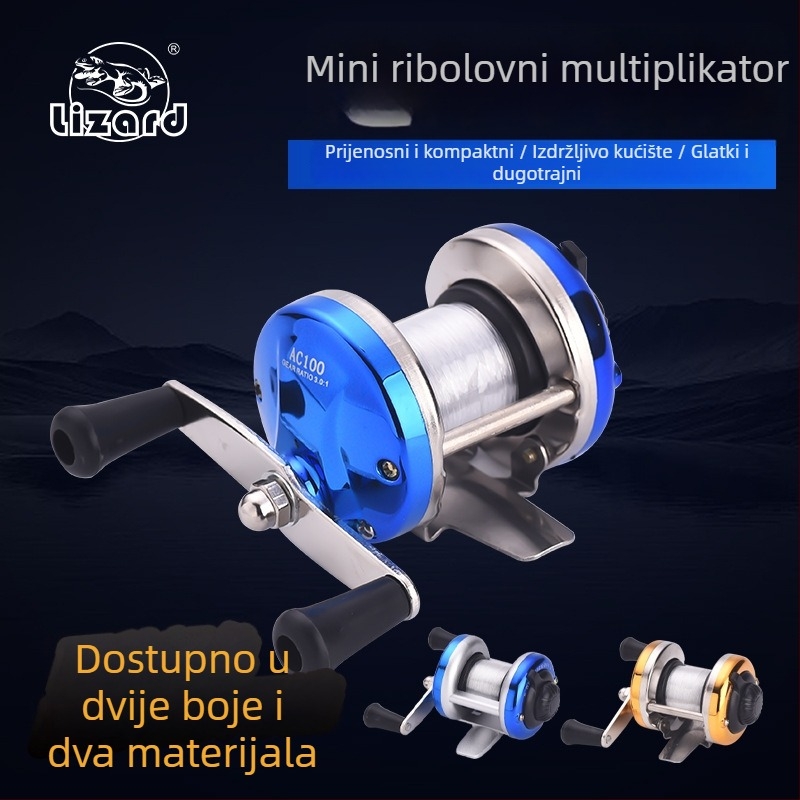 Komelon mini mulin za ledeni ribol s dvostrukim ručkama, metalnim tijelom i kolom za najlon