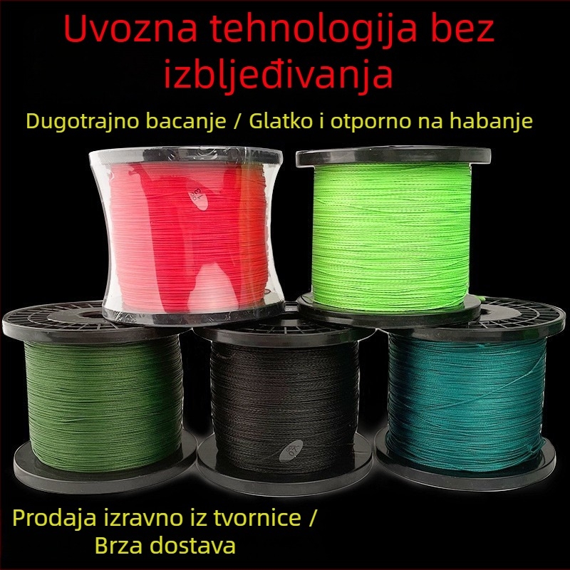 Glavna ribolovna linija od PE, 8-žilna, otporna na habanje, duljina 100–1000 m, nosivost 6–100 lb