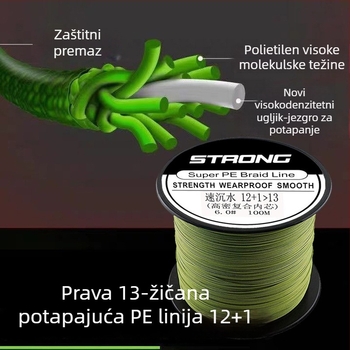 Glavna ribolovna linija — 13-žilna potopna PE linija, 12+1 protiv ugriza, visoka čvrstoća, morski ribolov i mamci, 6 rolni u kutiji