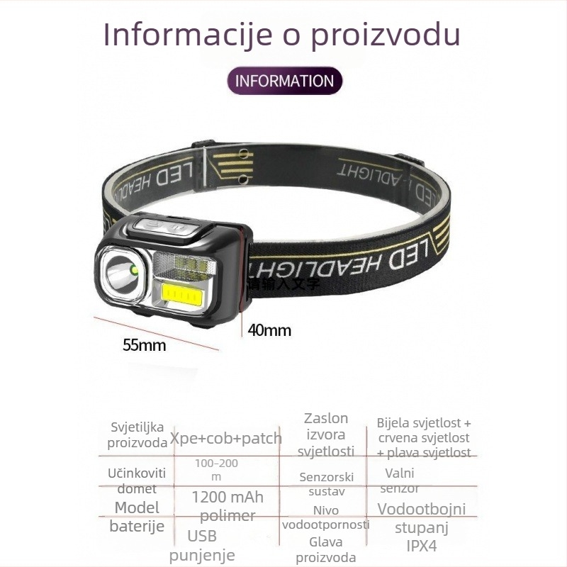 LED čelna lampa s USB punjenjem, 10W, 1200mAh, domet 100–200 m
