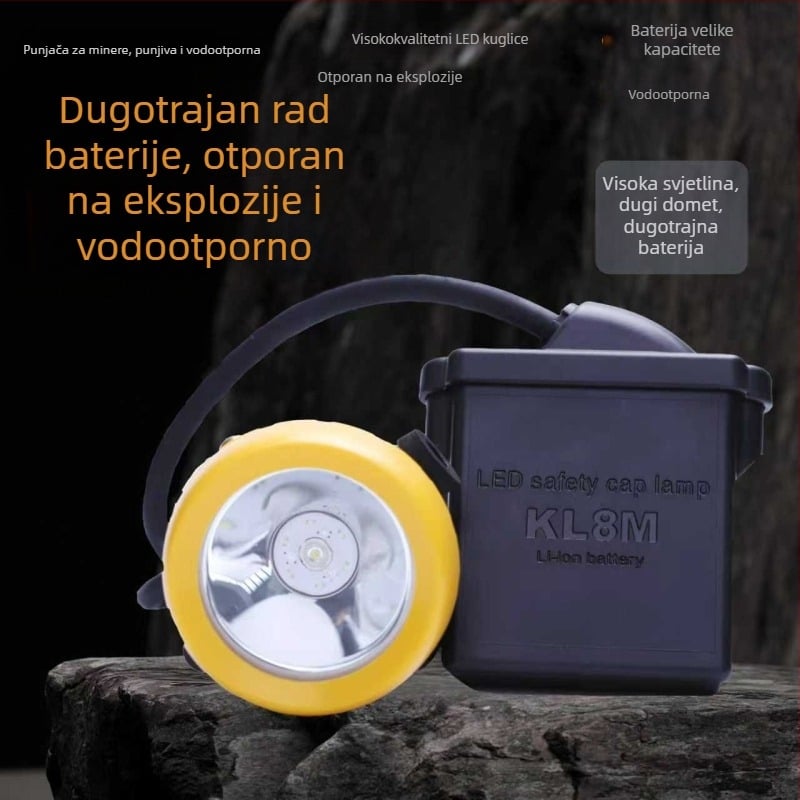 Čelna LED lampа za rudnike, vodootporna i otporna na eksplozije, punjiva, 3W, baterija 5000–12000 mAh, domet 100–200 m, uključuje punjač, pogodna za rudarstvo i noćni ribolov