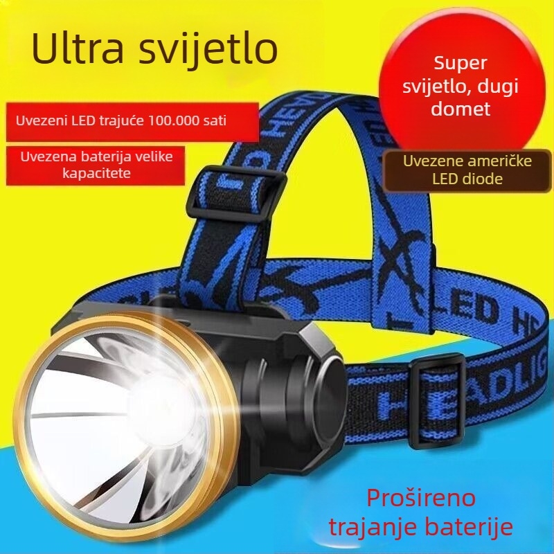 Napajana LED čelna lampica, 10 W, baterija 1000 mAh, LED izvor, domet 100–200 m, uključuje punjač