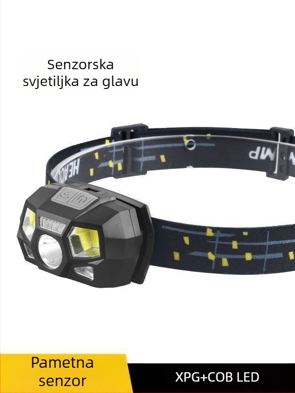 punjiva LED čelovka, vodootporna, domet snopa 200 m, trajanje 6 sati, nosač za glavu