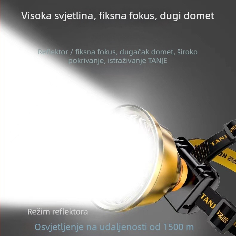 LED glavna svjetiljka za glavu, punjiva za vanjsku upotrebu, 20W, dvostruka Li-ion baterija, USB punjenje, domet >500 m