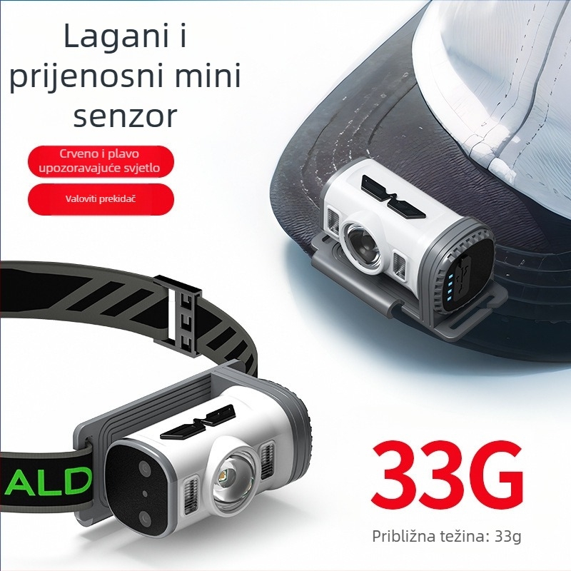 LED čelna lampica za kampiranje s klipom na kapu, punjiva, 3,7 V, 800 mAh, domet 100–200 m